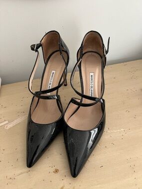 Manolo Blahnik Black Patent Pointed-Toe Crisscross Strap Heels